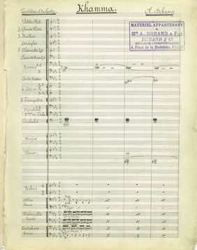 Piano sketch for Claude Debussy’s "Khamma", c. 1912 /Debussy, Claude, Charles Kœchlin, W. L. Courtney, and Maud Allan. 1913. "Khamma". Paris: A. Durand. Courtesy of Rare Books and Special Collections, UBC Library (M1520.D42 K5 1913).