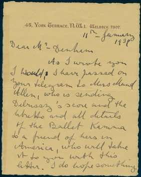 This 1939 letter to impresario Sergei Denham implies that Ballets Russes choreographer Leonide Massine was contemplating using the "Khamma" score to create an original ballet / Maud Allan Collection, Dance Collection Danse